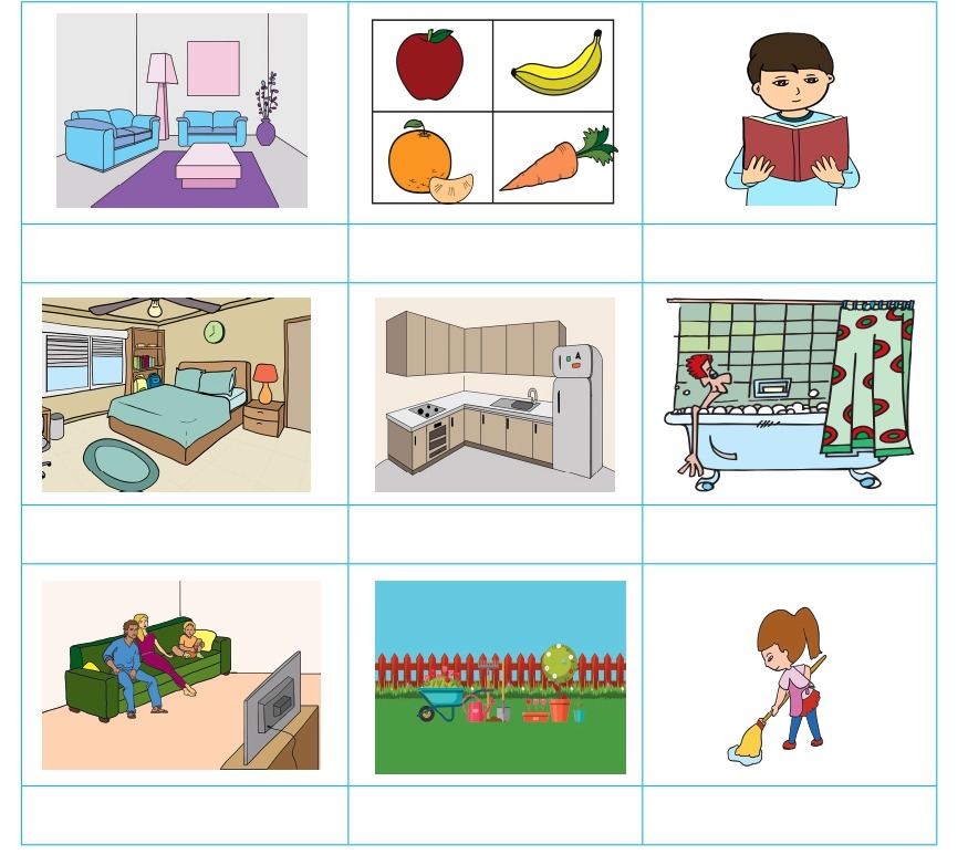 Neuf scènes : salon, fruits, garçon qui lit, chambre, cuisine, salle de bain, famille devant la télé, jardin, fille qui balaie